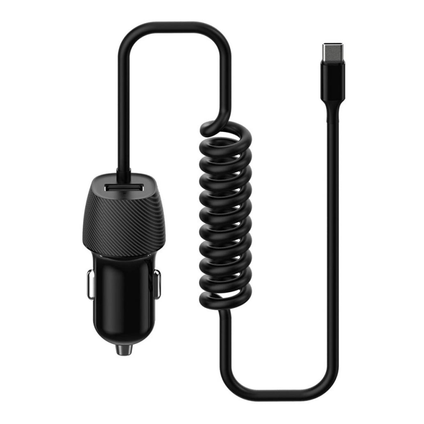 Autolaturi 1xUSB 5V/1A + USB-C liitin 150 cm musta