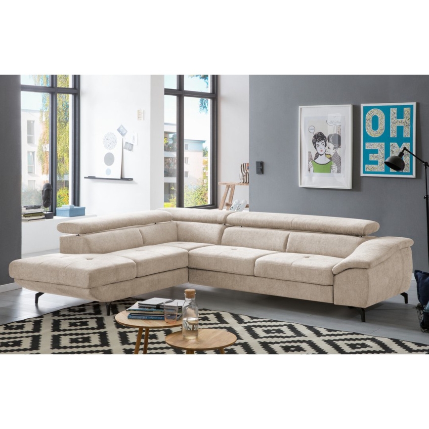 Avattava L-muotoinen kulmasohva BRESCIA, vasenkätinen, beige, säilytystilalla