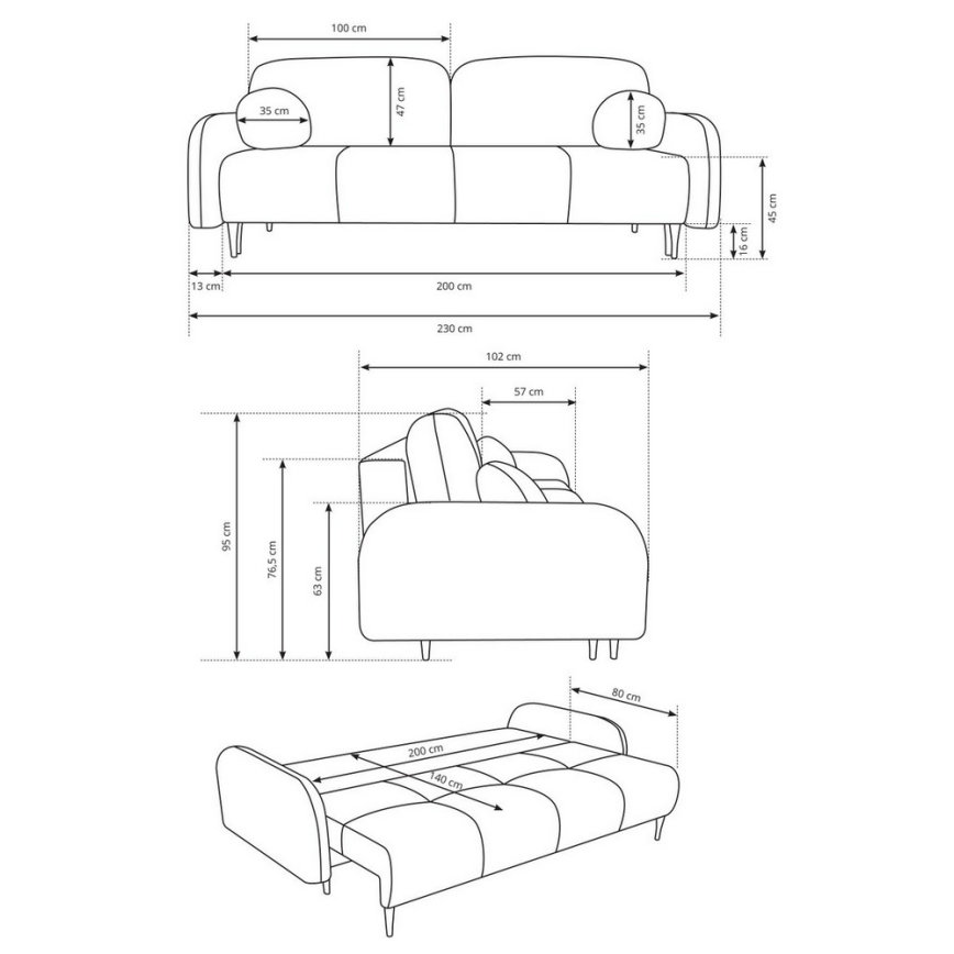 Avattava verhoiltu 3-istuttava sohva CLOUDY, harmaa