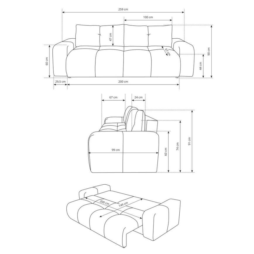 Avattava verhoiltu 3-istuttava sohva säilytystilalla ALMADA beige