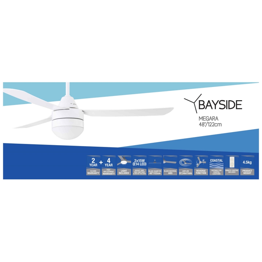 BAYSIDE 531016 - Kattotuuletin MEGARA 2xE14/15W/230V valkoinen + kauko-ohjaus
