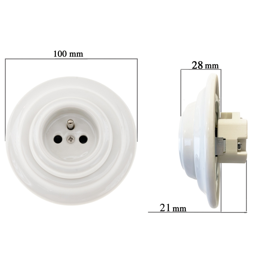 Bohemia-Design - Posliininen retro-seinäpistorasia kehyksellä SCHUKO 250V/16A valkoinen