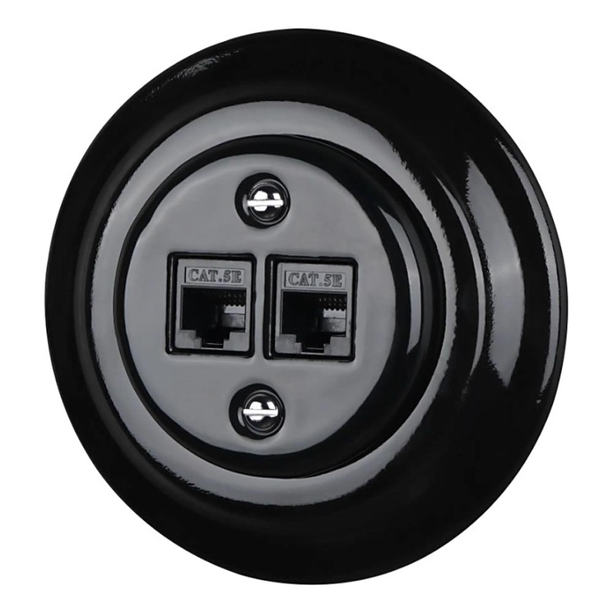 Bohemia-Design - posliininen retro-Ethernet-pistorasia kehyksellä, 2x CAT5E, musta