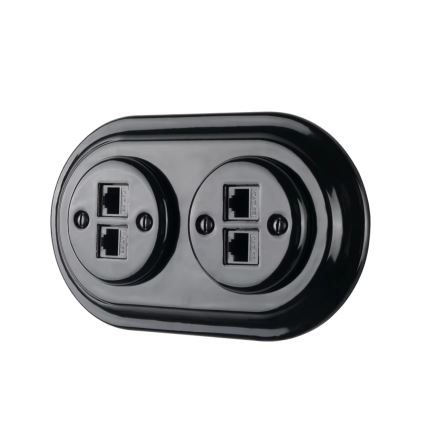 Bohemia-Design - posliininen retro-Ethernet-pistorasia kehyksellä, 2x CAT5E, musta