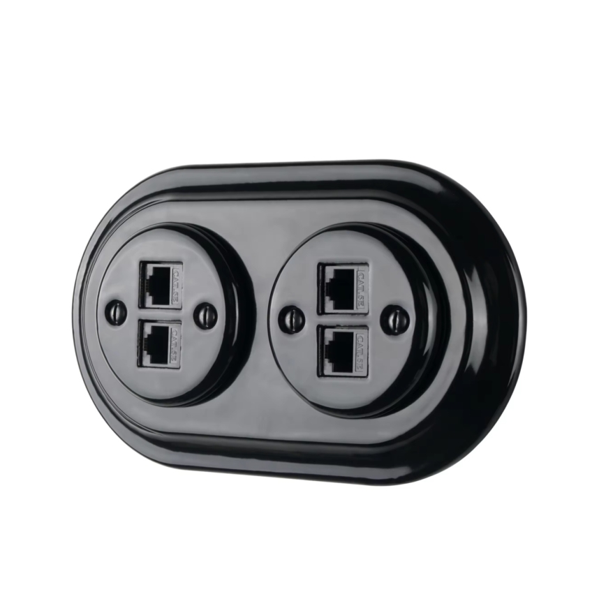 Bohemia-Design - posliininen retro-Ethernet-pistorasia kehyksellä, 2x CAT5E, musta