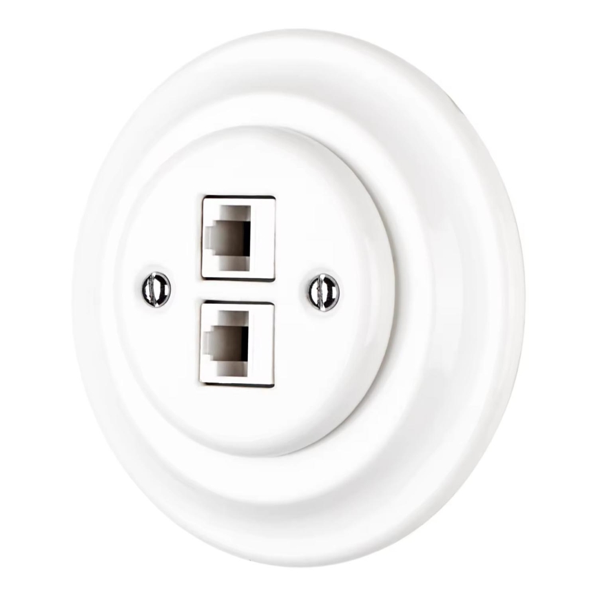 Bohemia-Design - Posliininen retro-tyylinen Ethernet-verkkopistorasia kehyksellä 2x CAT5e valkoinen