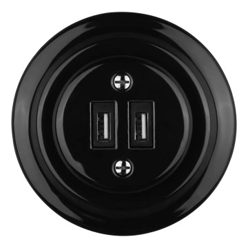 Bohemia-Design - Posliininen retro-USB-latauspistorasia kehyksellä, 2x USB-A, musta