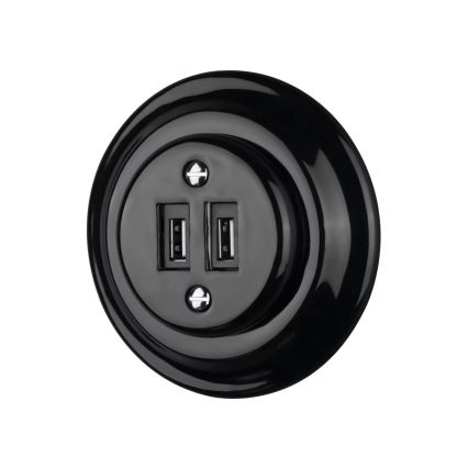 Bohemia-Design - Posliininen retro-USB-latauspistorasia kehyksellä, 2x USB-A, musta
