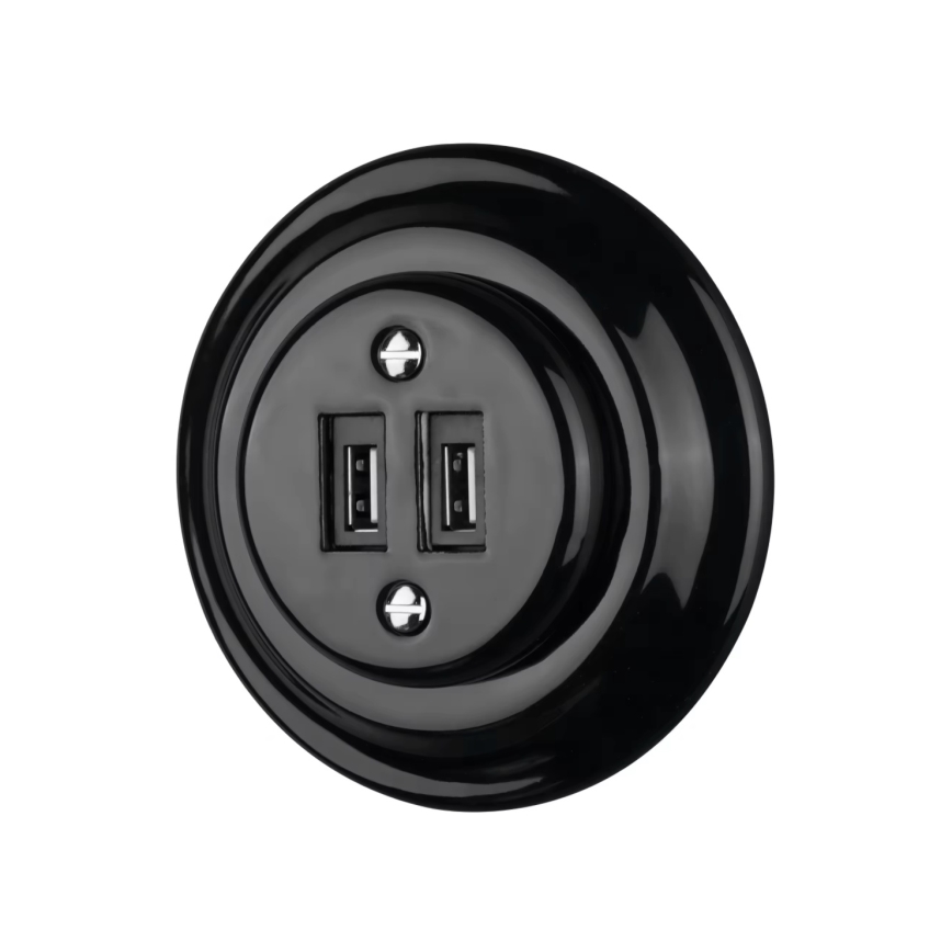 Bohemia-Design - Posliininen retro-USB-latauspistorasia kehyksellä, 2x USB-A, musta