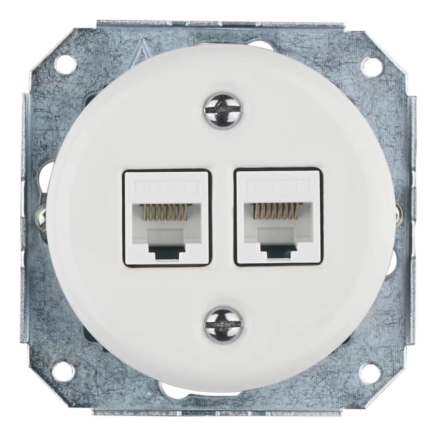 Bohemia-Design - posliininen retrohenkinen Ethernet-pistorasia ilman kehystä, 2x CAT5e, valkoinen