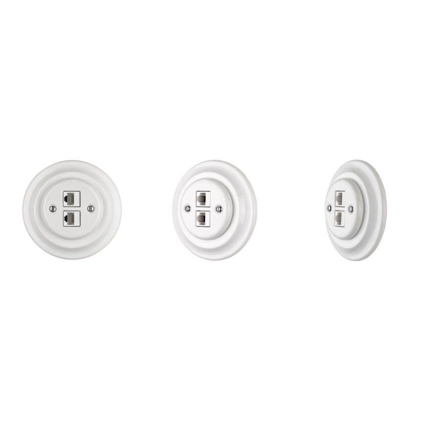 Bohemia-Design - posliininen retrohenkinen Ethernet-pistorasia ilman kehystä, 2x CAT5e, valkoinen