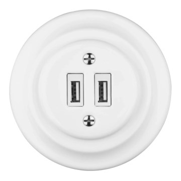 Bohemia-Design - Posliininen retrotyylinen USB-pistorasia kehyksellä, 2x USB-A, valkoinen