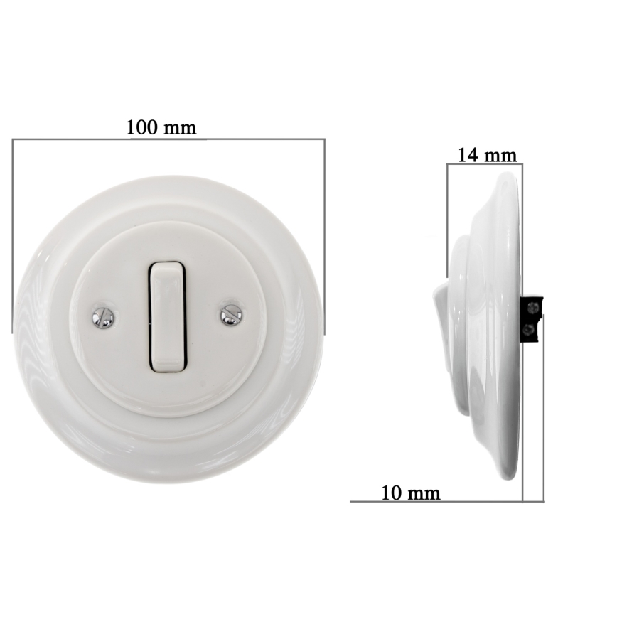 Bohemia-Design - posliininen retrotyylinen yhden napin valokytkin, kehys nro 6, valkoinen