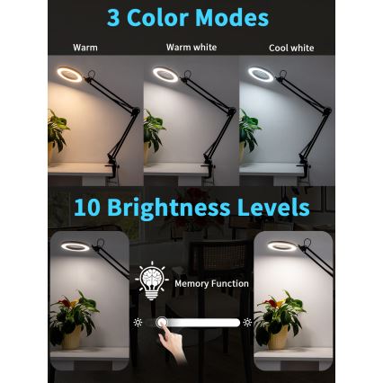 Brilagi - Himmennettävä LED-pöytävalaisin suurennuslasilla LENS LED/12W/5V 3000/4200/6000K musta