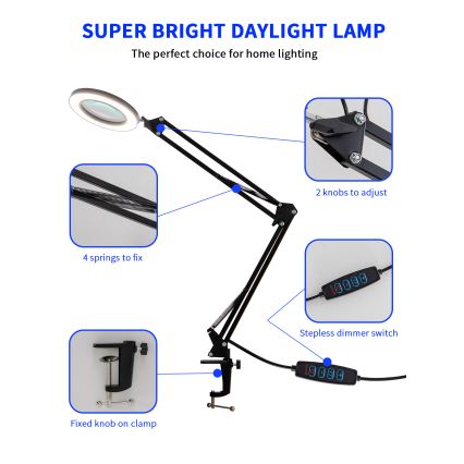 Brilagi - Himmennettävä LED-pöytävalaisin suurennuslasilla LENS LED/12W/5V 3000/4200/6000K musta
