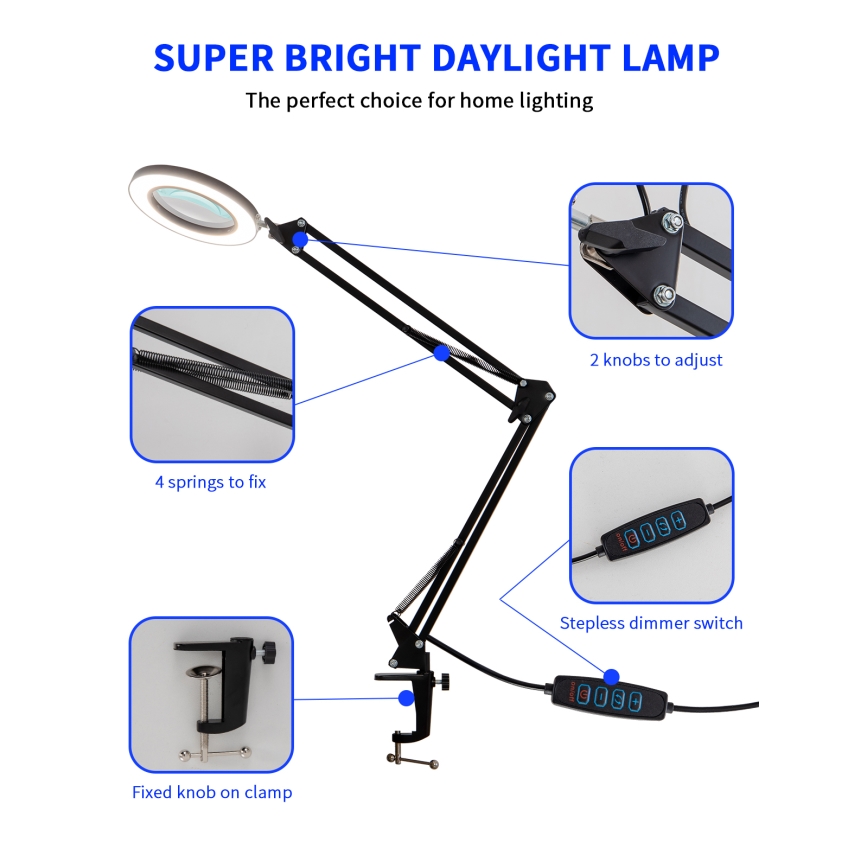 Brilagi - Himmennettävä LED-pöytävalaisin suurennuslasilla LENS LED/12W/5V 3000/4200/6000K musta
