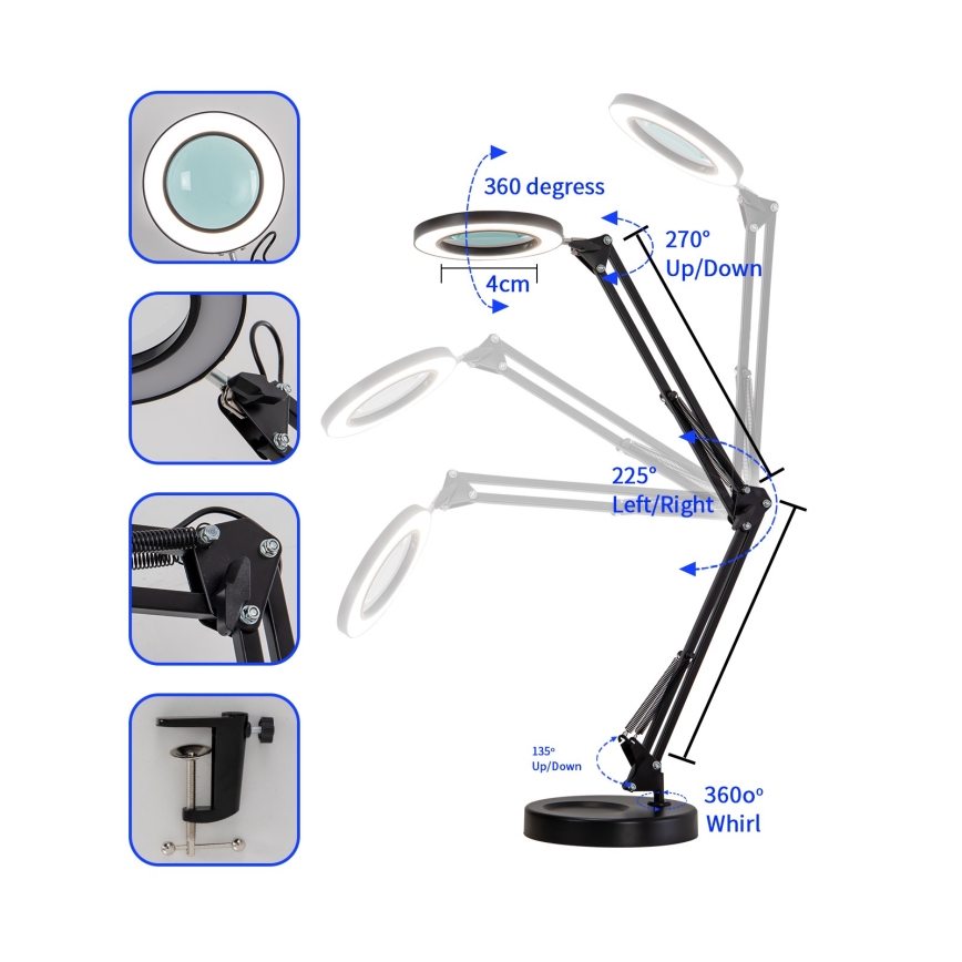Brilagi - Himmennettävä LED-pöytävalaisin suurennuslasilla LENS LED/12W/5V 3000/4200/6000K musta