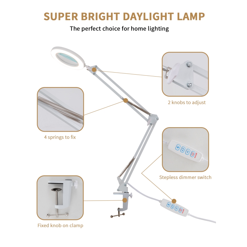 Brilagi - Himmennettävä LED-pöytävalaisin suurennuslasilla LENS LED/12W/5V 3000/4200/6000K valkoinen