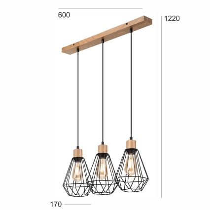 Brilagi - Kattokruunu johdossa WOODY BASKET 3xE27/60W/230V tammi