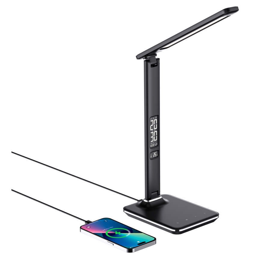 Brilagi - LED himmennettävä pöytävalaisin langattomalla QI-latauksella ja USB-liitännällä REGINA LED/8,5W/230V musta