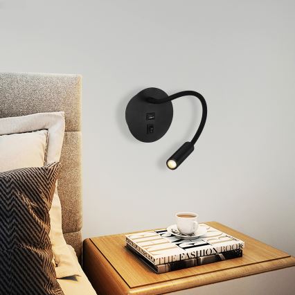 Brilagi - LED Joustava seinävalaisin USB-portilla MAYA LED/3W/230V 4000K musta