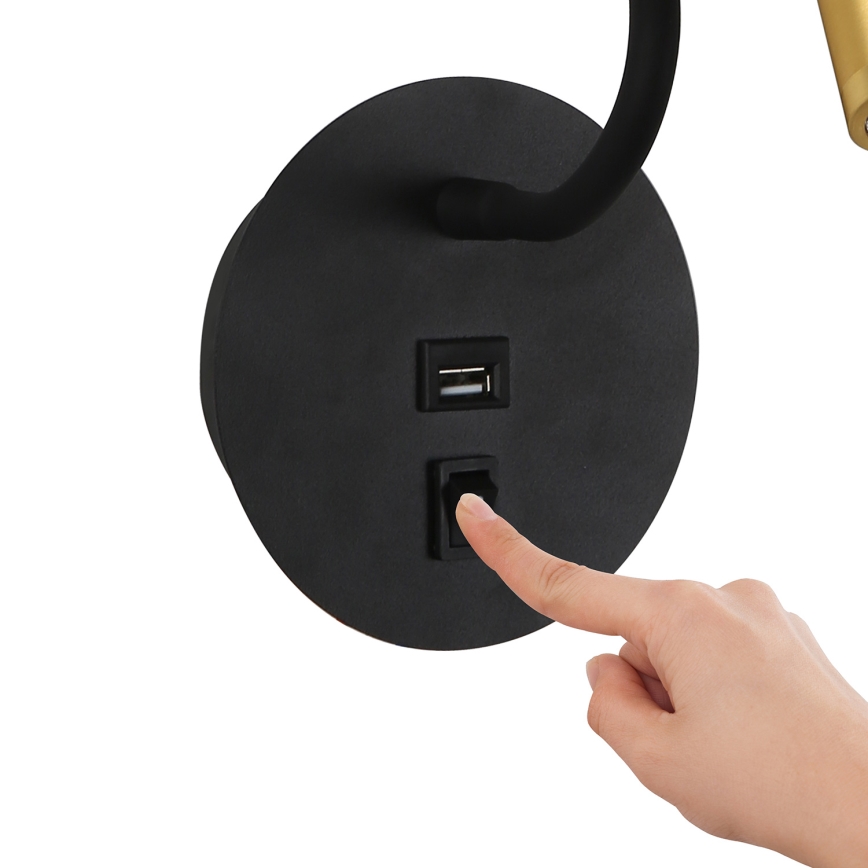 Brilagi - LED Joustava seinävalaisin USB-portilla MAYA LED/3W/230V 4000K musta/kulta