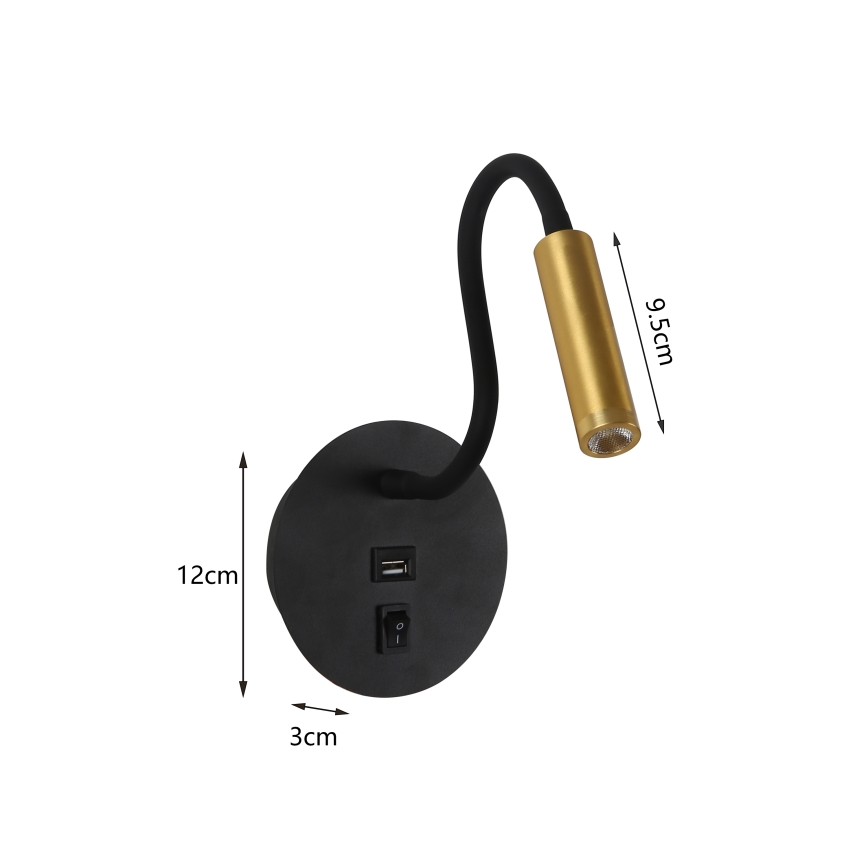 Brilagi - LED Joustava seinävalaisin USB-portilla MAYA LED/3W/230V 4000K musta/kulta