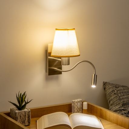 Brilagi - LED Joustava seinävalaisin NUBILA 1xE27/25W/230V + LED/3W mattakromi/vaaleanruskea