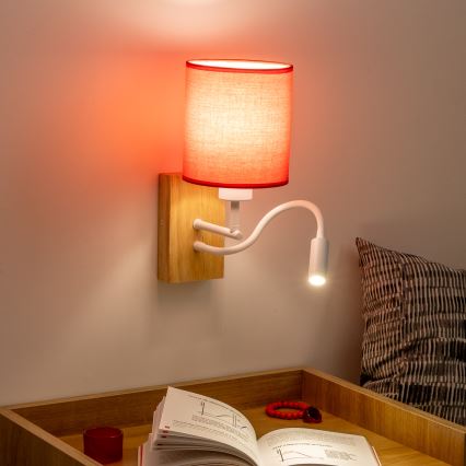 Brilagi - LED Joustava seinävalaisin NUBILA WOOD 1xE27/25W/230V + LED/3W tammi/punainen