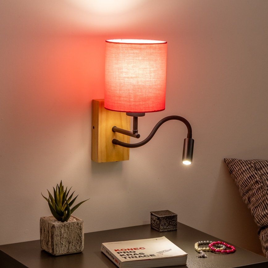 Brilagi - LED Joustava seinävalaisin NUBILA WOOD 1xE27/25W/230V + LED/3W tammi/vaaleanpunainen