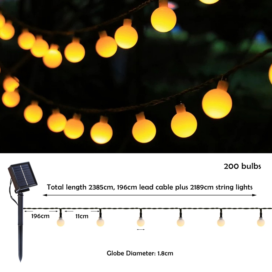 Brilagi - LED Solar koristeellinen ketju BUBBLE 200xLED/8 toiminnot 20m IP65 lämpimänvalkoinen
