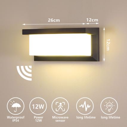 Brilagi - LED Ulkovalo anturilla BRICKY LED/12W/230V antrasiitti IP54