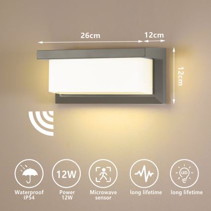 Brilagi - LED Ulkovalo anturilla BRICKY LED/12W/230V harmaa IP54