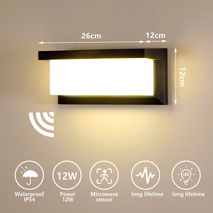 Brilagi - LED Ulkovalo anturilla BRICKY LED/12W/230V musta IP54