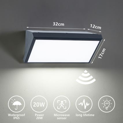 Brilagi - LED Ulkovalo anturilla TRIANGLE LED/20W/230V antrasiitti IP65