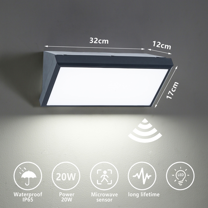Brilagi - LED Ulkovalo anturilla TRIANGLE LED/20W/230V antrasiitti IP65