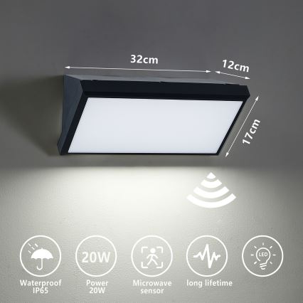Brilagi - LED Ulkovalo anturilla TRIANGLE LED/20W/230V musta IP65
