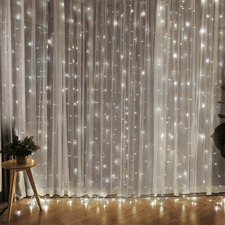 Brilagi - LED Valoverho 300xLED/8 functions/3xAA/USB 1,2m kylmä valkoinen
