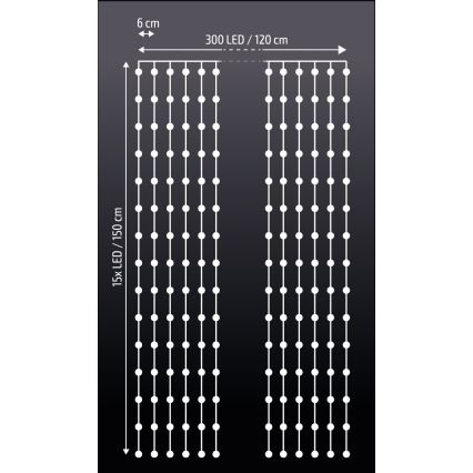 Brilagi - LED Valoverho 300xLED/8 functions/3xAA/USB 1,2m kylmä valkoinen