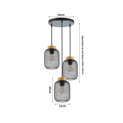 Brilagi - riippuvalaisin vaijerilla BASKLITE 3xE27/15W/230V kumipuu/musta