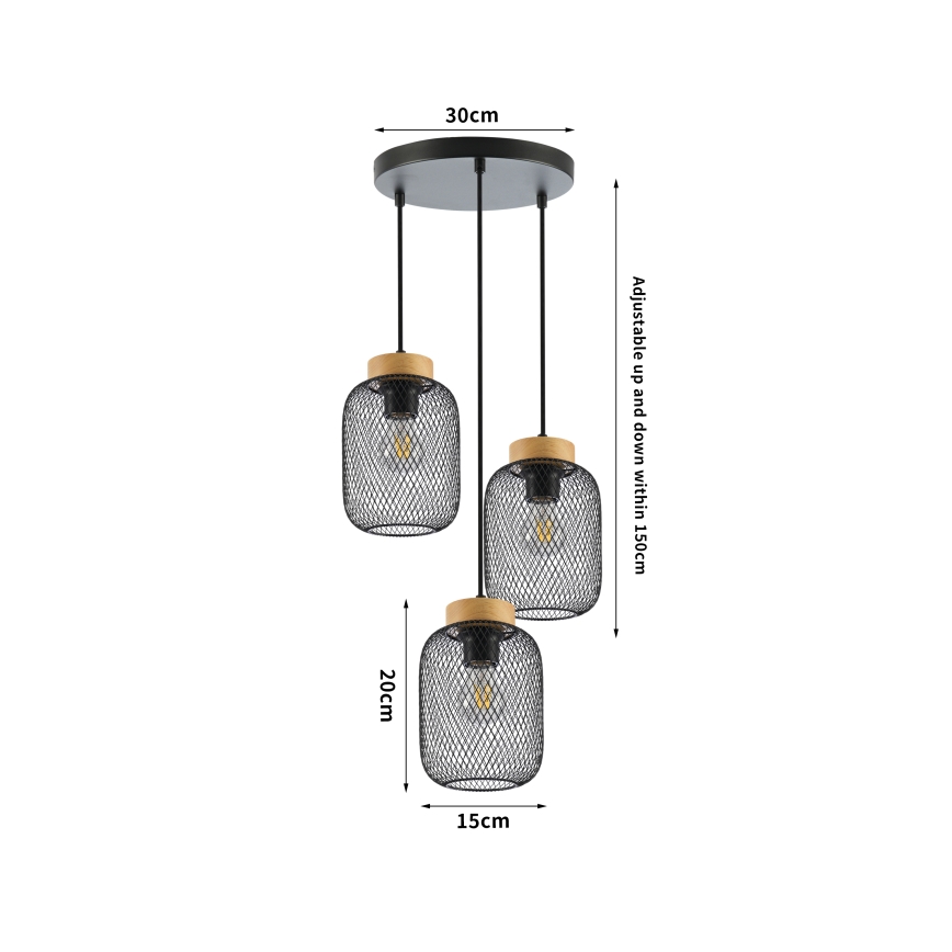 Brilagi - riippuvalaisin vaijerilla BASKLITE 3xE27/15W/230V kumipuu/musta
