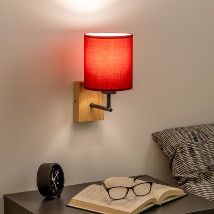 Brilagi - Seinävalaisin NUBILA WOOD 1xE27/25W/230V tammi/Pompeilainen punainen