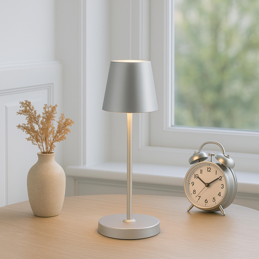 Brilliant - ELORA himmennettävä ladattava kosketusohjattu ulkokäyttöön tarkoitettu pöytälamppu LED/2,5W/5V 2700K 2600 mAh IP44 hopea