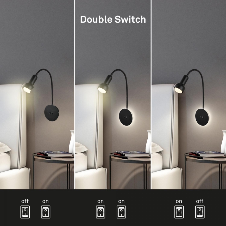 Briloner 2178015 - LED Joustava seinälamppu 1xE14/10W/230V + LED/3W musta