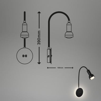Briloner 2178015 - LED Joustava seinälamppu 1xE14/10W/230V + LED/3W musta