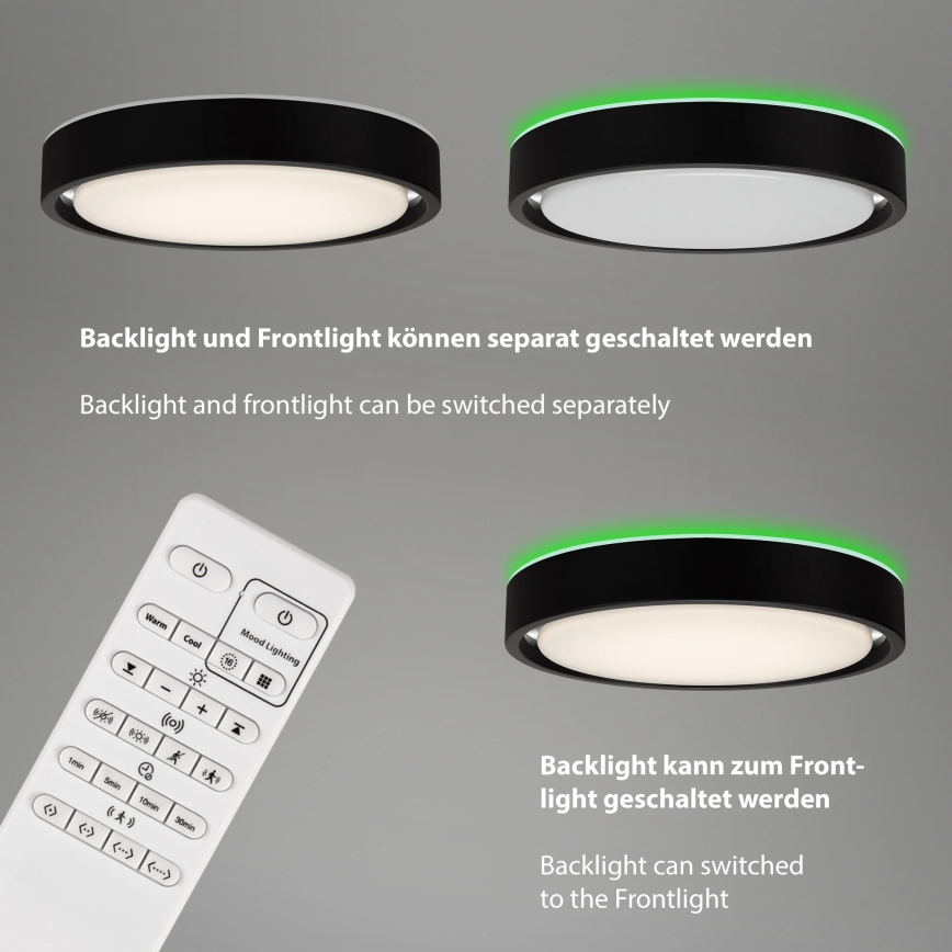 Briloner 3227-015 - Himmennettävä LED-RGB-kattovalaisin anturilla TALENA LED/24W/230V musta + kauko-ohjaus