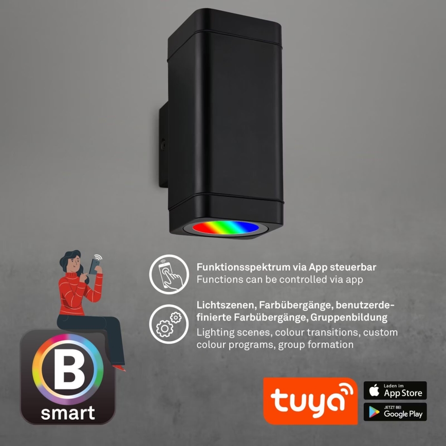 Briloner 3675-025 - LED RGBW Himmennettävä ulkoseinävalaisin 2xLED/8,5W/230V 3000-6500K Wi-Fi Tuya IP44 musta