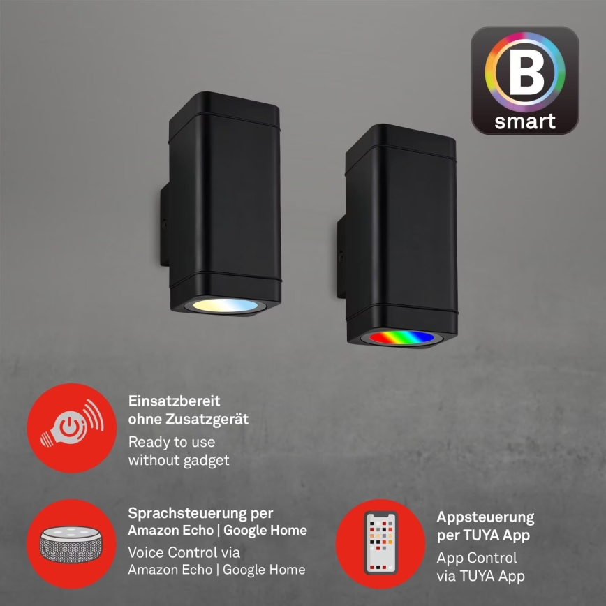 Briloner 3675-025 - LED RGBW Himmennettävä ulkoseinävalaisin 2xLED/8,5W/230V 3000-6500K Wi-Fi Tuya IP44 musta