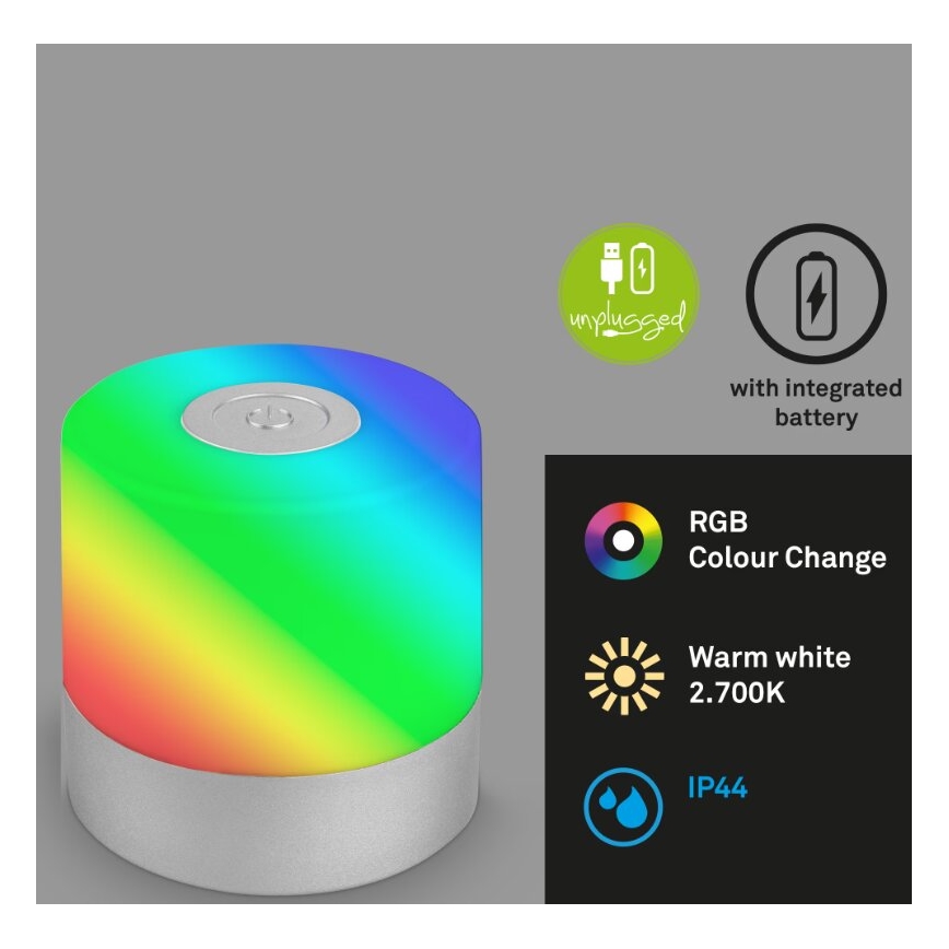 Briloner 7462014 - LED RGB Ladattava ulko pöytävalaisin LED/1,5W/5V IP44 mattakromi