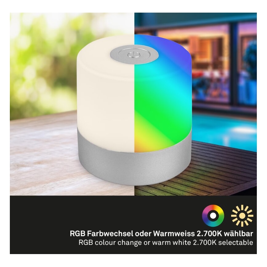 Briloner 7462014 - LED RGB Ladattava ulko pöytävalaisin LED/1,5W/5V IP44 mattakromi